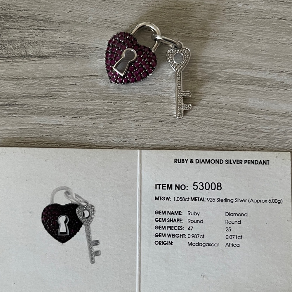 Heart Lock and Key Pendant Ruby Diamond Silver Pendant - Picture 3 of 8
